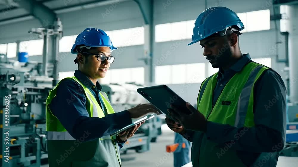 Factory employees collaborating on a tablet. Factory employees collaborating on a tablet.