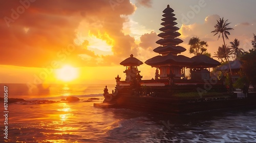 The most popular visitor site and sight is tanah lot temple at orange sunset