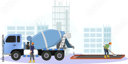 concrete mixer truck pours cement mixture into the area to be concreted, building and architecture, construction workers making concrete in the middle of city construction vector illustration