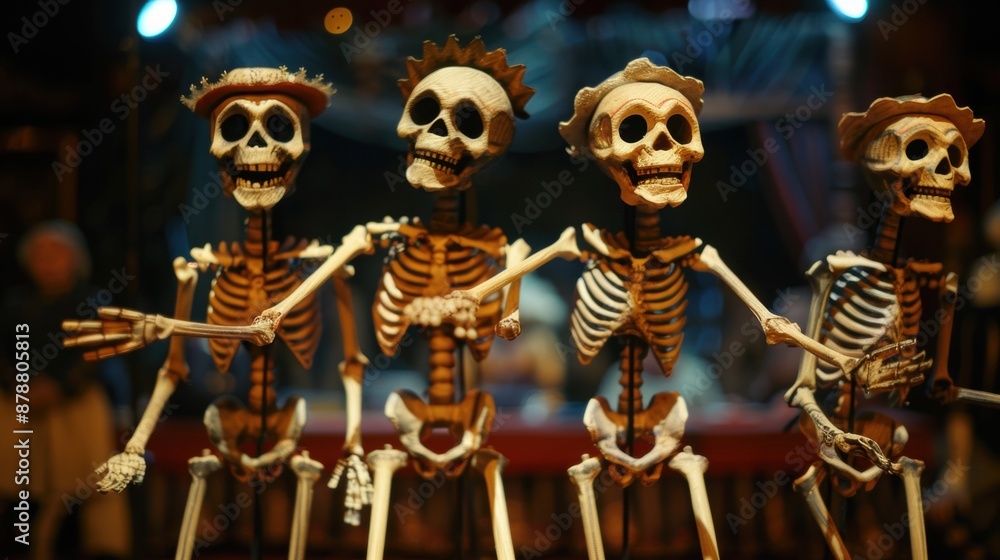 Four skeleton figures dressed up in hats and posing for a photo Four skeleton figures dressed up in hats and posing for a photo