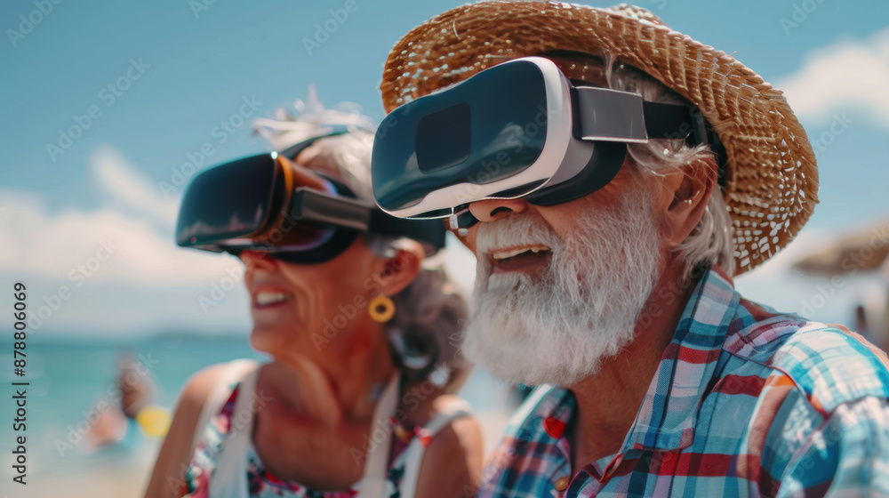 Senior couple wearing virtual reality glasses enjoying metaverse on the beach Senior couple wearing virtual reality glasses enjoying metaverse on the beach