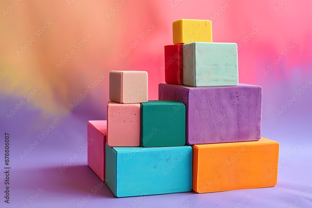 A set of colorful yoga blocks stacked with a gradient background A set of colorful yoga blocks stacked with a gradient background