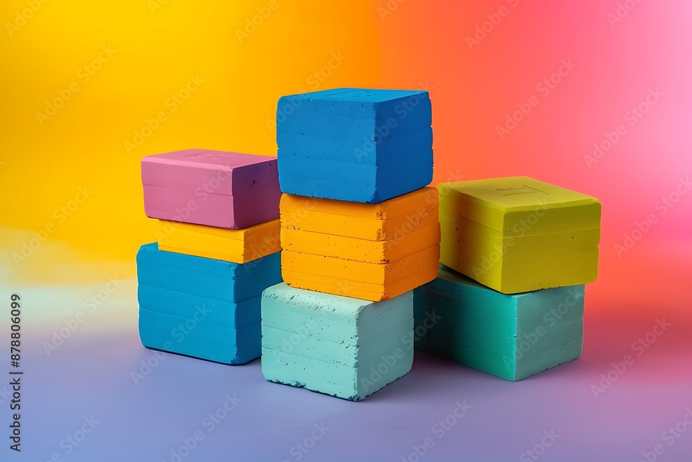 A set of colorful yoga blocks stacked with a gradient background A set of colorful yoga blocks stacked with a gradient background