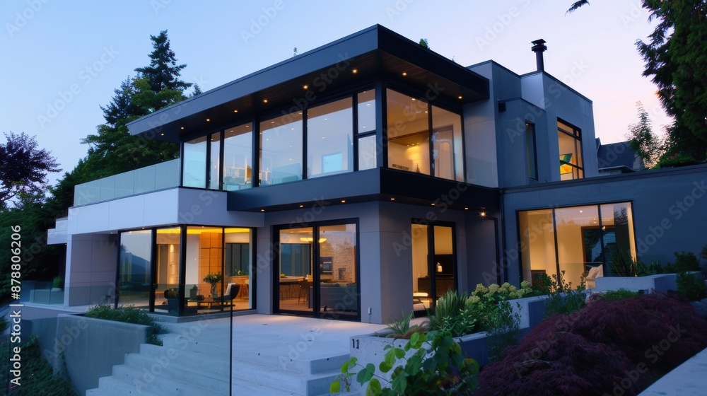 Fototapeta premium Modern home exterior with large windows at dusk
