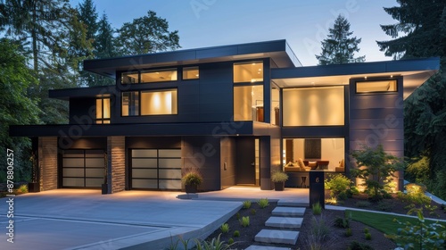 Modern house with brick accents and large windows at dusk © ColdFire