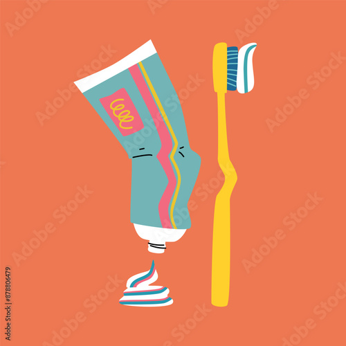 Illustration of toothpaste and brush. Dental care.