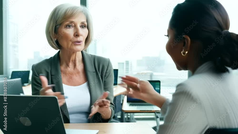Female mentor guiding intern through an online project on a laptop in a collaborative office setting. Female mentor guiding intern through an online project on a laptop in a collaborative office setting.