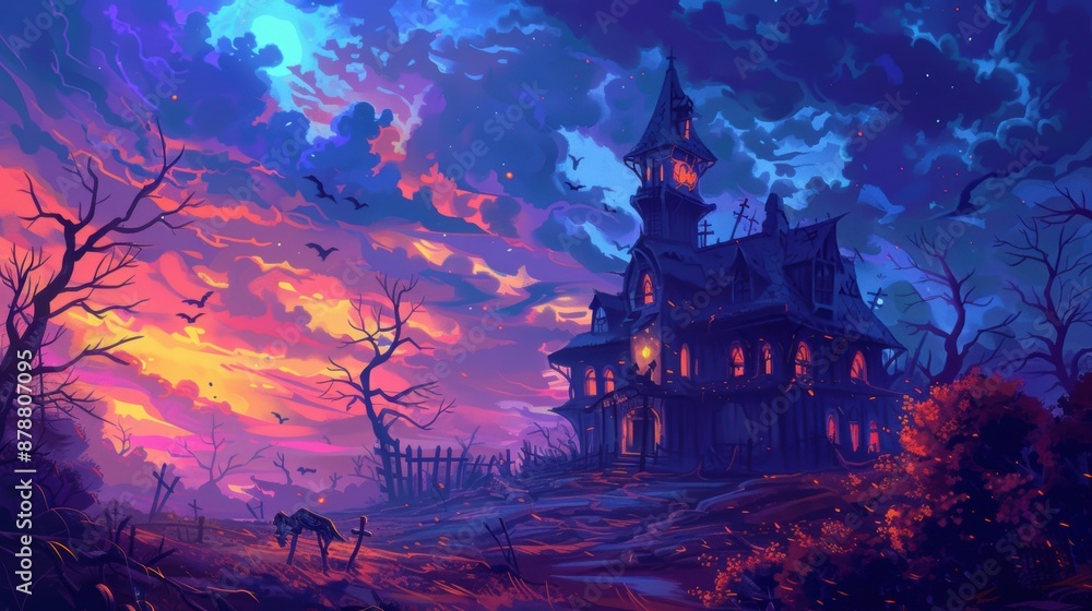 Fototapeta premium Haunted house silhouette against twilight sky
