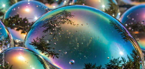 The refraction and interference of light on the thin surface layer of a soap bubble causes it to shine very colorful