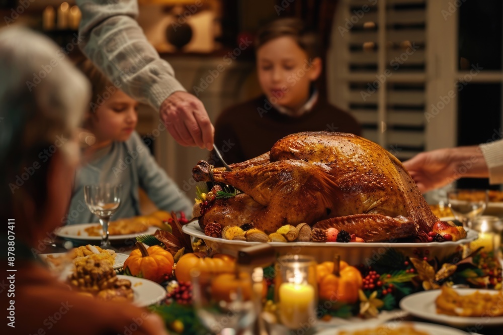 Man serving Thanksgiving turkey to family and friends at dinner table Man serving Thanksgiving turkey to family and friends at dinner table