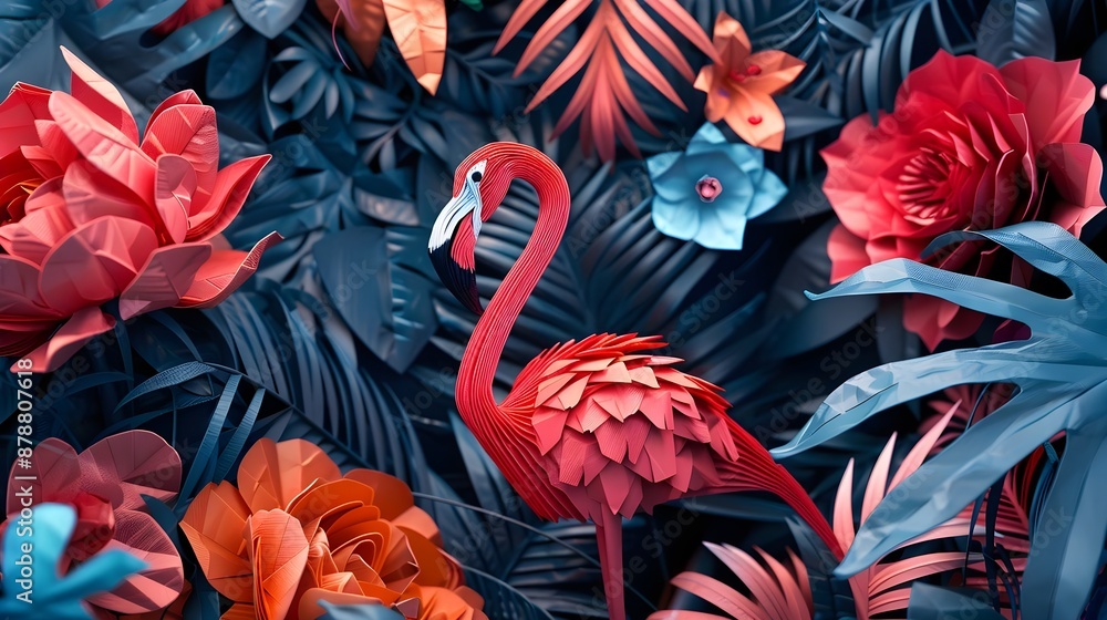 Naklejka premium flamingo and tropical flowers masculin arty, flamingo wallpaper