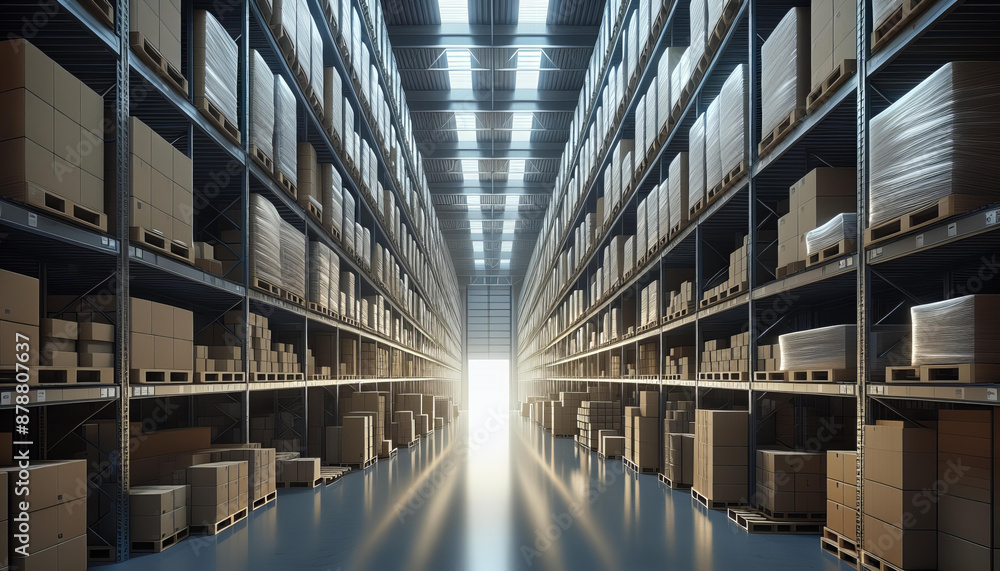 A modern warehouse interior with high shelves lined with boxes, lit by natural light at the end of a central aisle. A modern warehouse interior with high shelves lined with boxes, lit by natural light at the end of a central aisle.