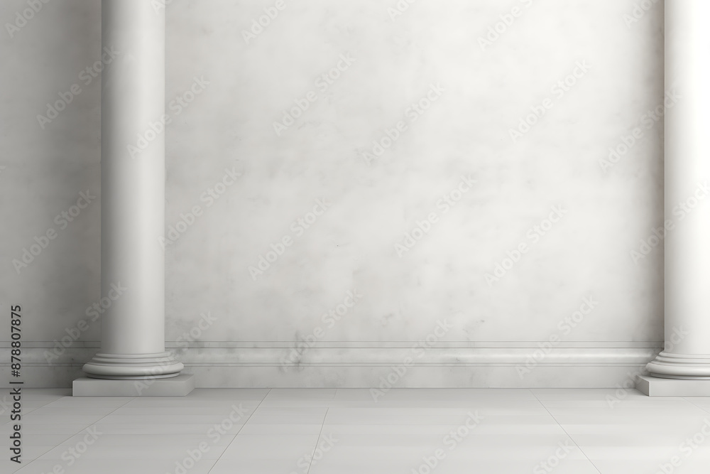 Fototapeta premium White columns, grey wall, and white floor create a clean and minimalist backdrop for product displays or design projects. 