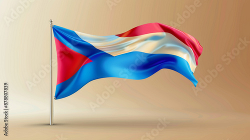 Free Download Abstract flag featuring red, blue, and beige colors waving elegantly against a plain brown background. - GFXLoad