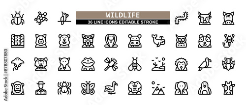 36 Wildlife Line Icons Set Pack Editable Stroke Vector Illustration.