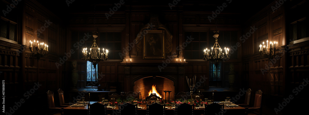 A dark, romantic, and mysterious dining room with gold, red, and brown tones for a holiday dinner party.
A dark, romantic, and mysterious dining room with gold, red, and brown tones for a holiday dinner party.