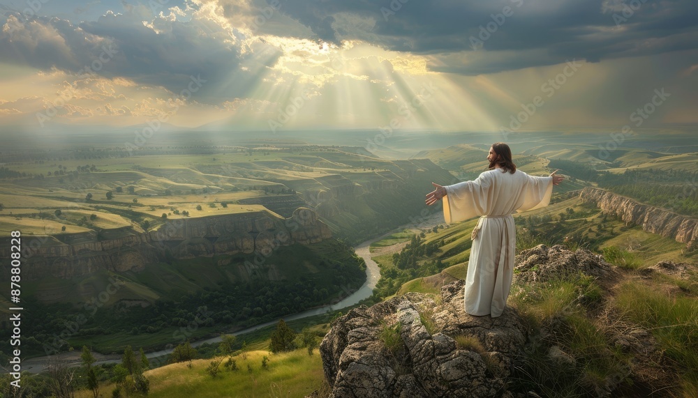 Obraz premium Jesus Standing on a Cliff Overlooking a Sunlit Valley