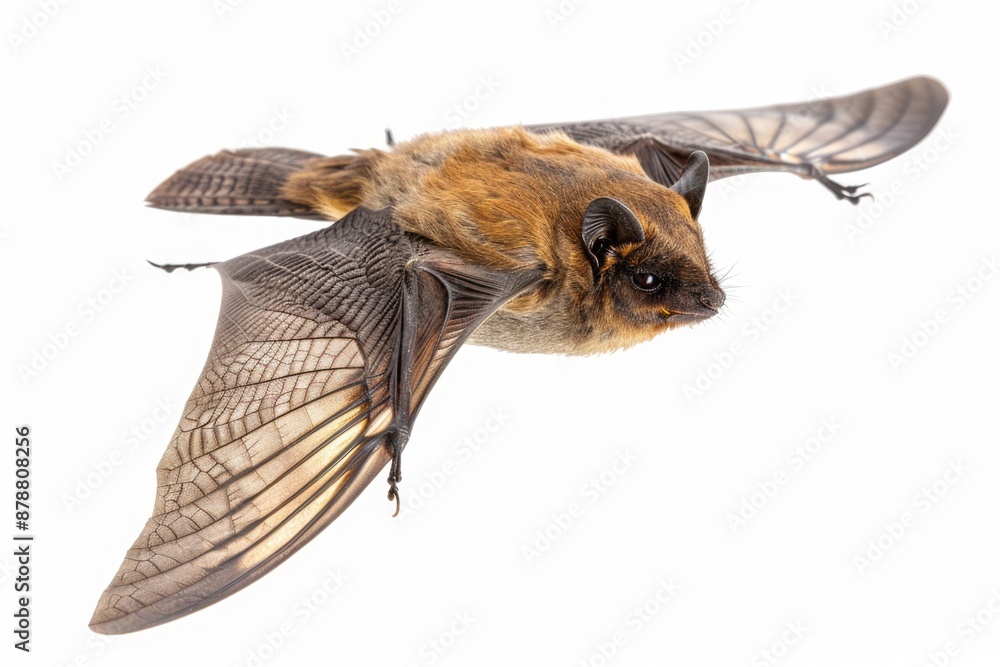 Obraz premium A close-up shot of a brown bat in mid-air, its wings spread wide