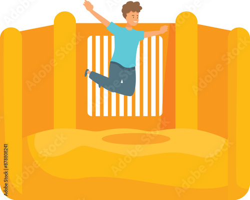 Young boy is having a blast jumping high in the air on a large inflatable bouncy house
