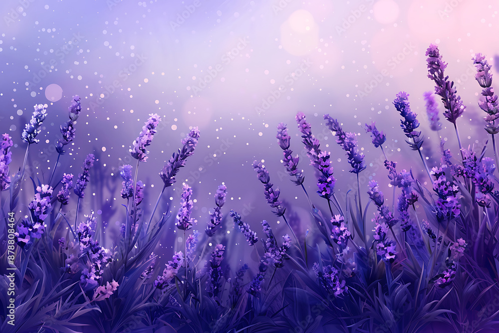 Naklejka premium Purple lavender flowers, soft pink and blue background, romantic floral design, perfect for spring and summer projects.