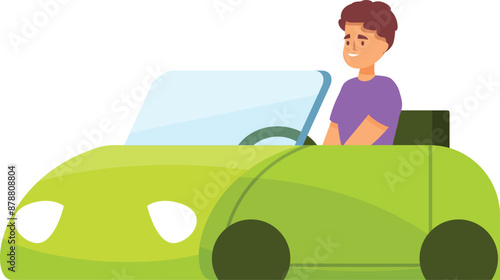 Young man driving green cartoon electric car smiling