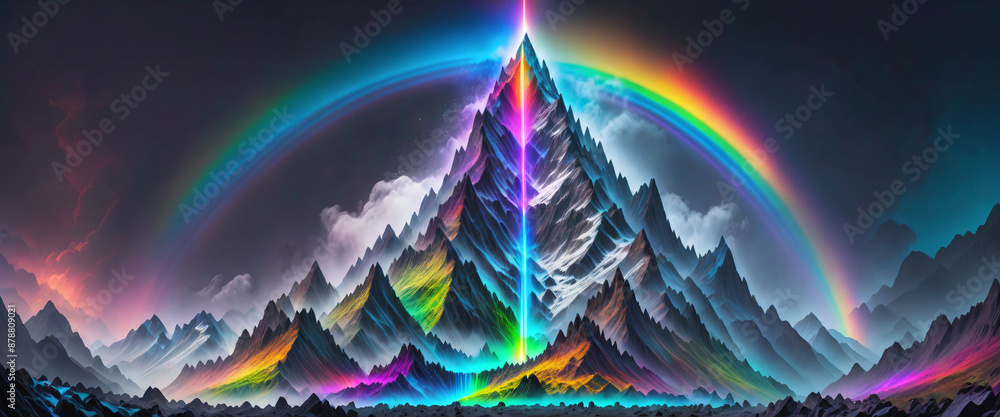 Illustrative depiction of an imaginative mountain in a fantastic landscape, mystical in rainbow colors Illustrative depiction of an imaginative mountain in a fantastic landscape, mystical in rainbow colors