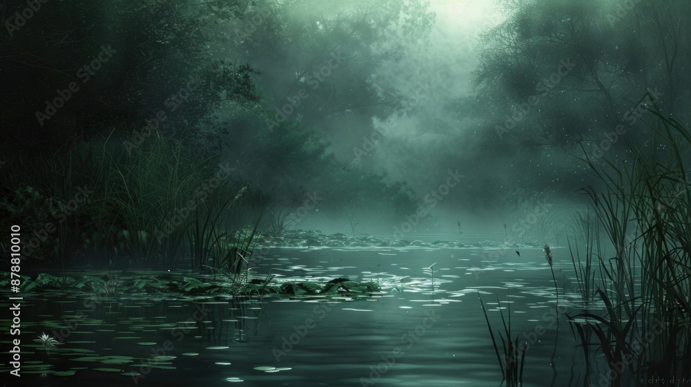 A foggy morning on the riverbank in a lush forest A foggy morning on the riverbank in a lush forest