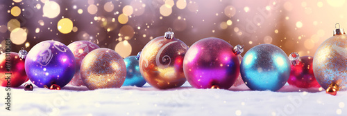 Sparkling Christmas ornaments in gold, purple, and blue  on a snowy background with bokeh lights. 
