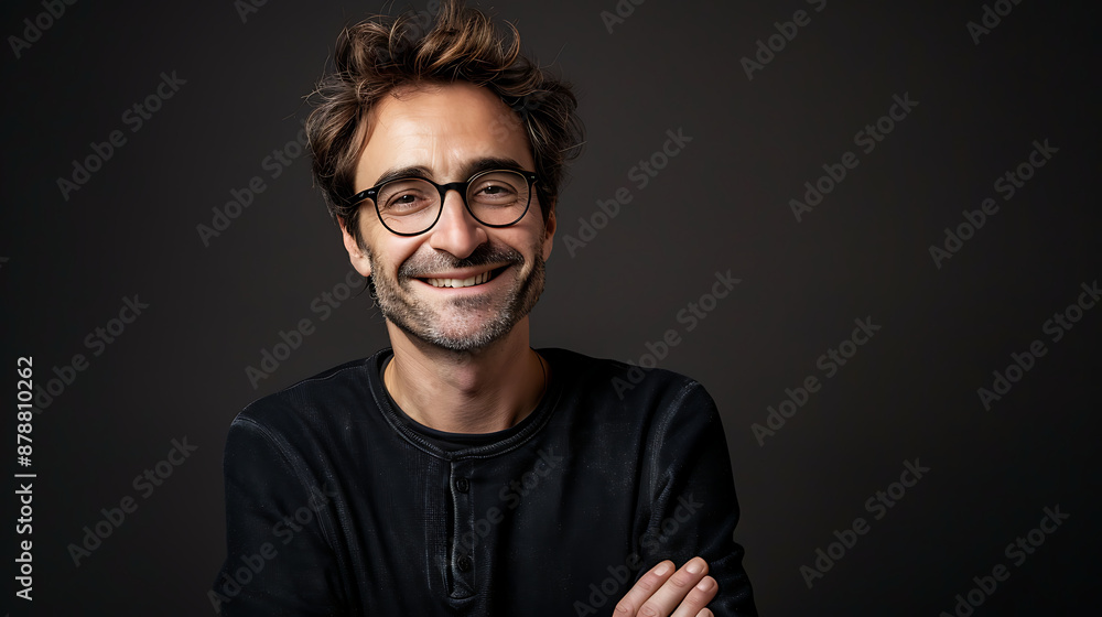 Naklejka premium a man with glasses is smiling for the camera with his arms crossed and his arms crossed behind his back