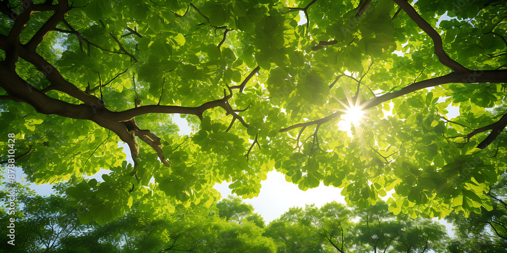 Fototapeta premium Sun shining through green leaves, creating a vibrant and hopeful summer nature scene. 