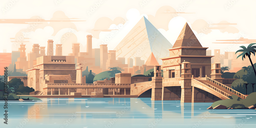 Obraz premium Ancient Egyptian city with blue water, beige buildings, and green palm trees, depicting a historical and mystical setting. 