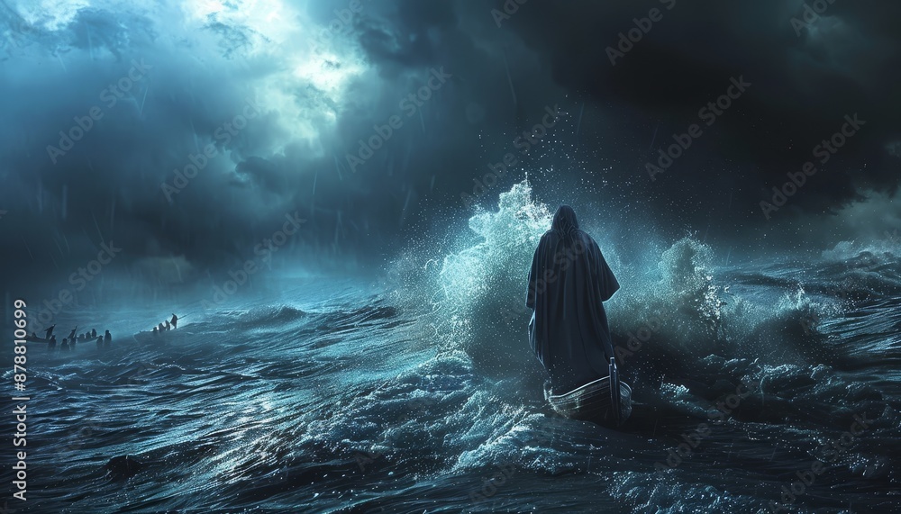 Fototapeta premium Jesus Walking on Water During a Stormy Night with Disciples in a Boat