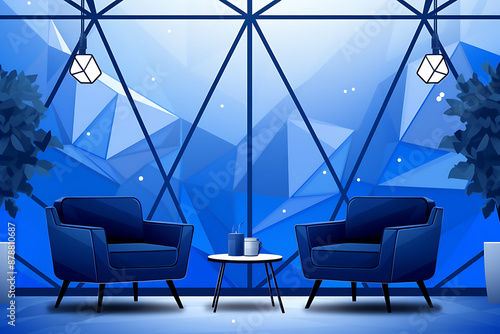 Two blue armchairs and a coffee table in a blue and white geometric room with a view of a winter landscape. 
