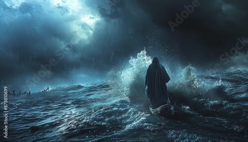 Jesus Walking on Water During a Stormy Night with Disciples in a Boat © Bernardo