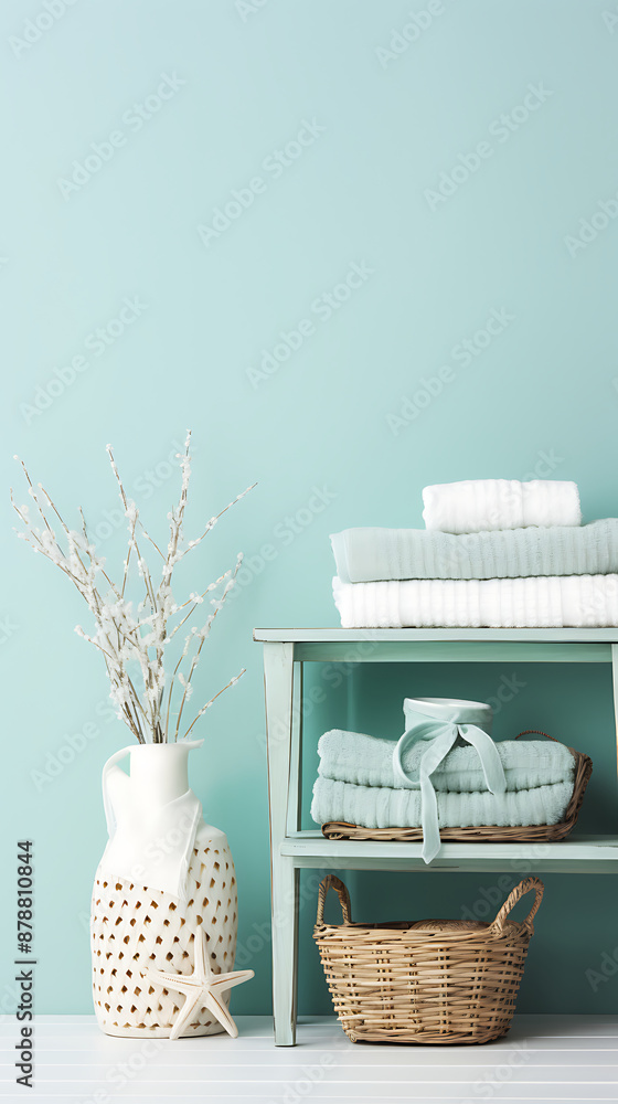 Coastal bathroom decor with white, green, and brown tones, featuring a rustic shelf, towels, and a wicker basket, evokes a serene and relaxing atmosphere.
Coastal bathroom decor with white, green, and brown tones, featuring a rustic shelf, towels, and a wicker basket, evokes a serene and relaxing atmosphere.