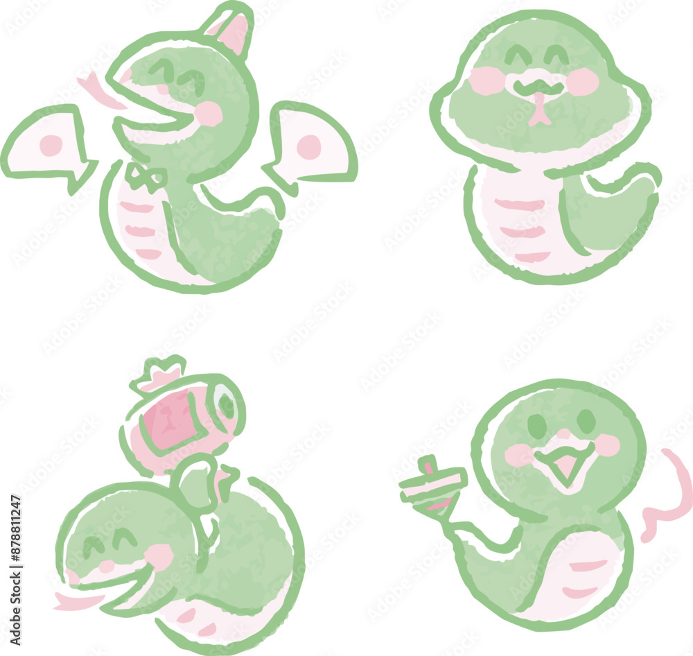 Naklejka premium かわいいヘビの水彩イラストセット 巳年 巳 年賀状2025 手描き 蛇 へび年