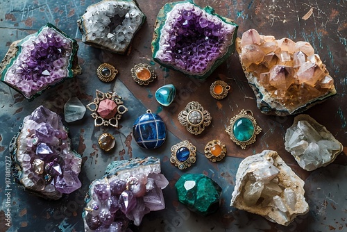 A set of handcrafted jewelry on a backdrop of raw gemstones