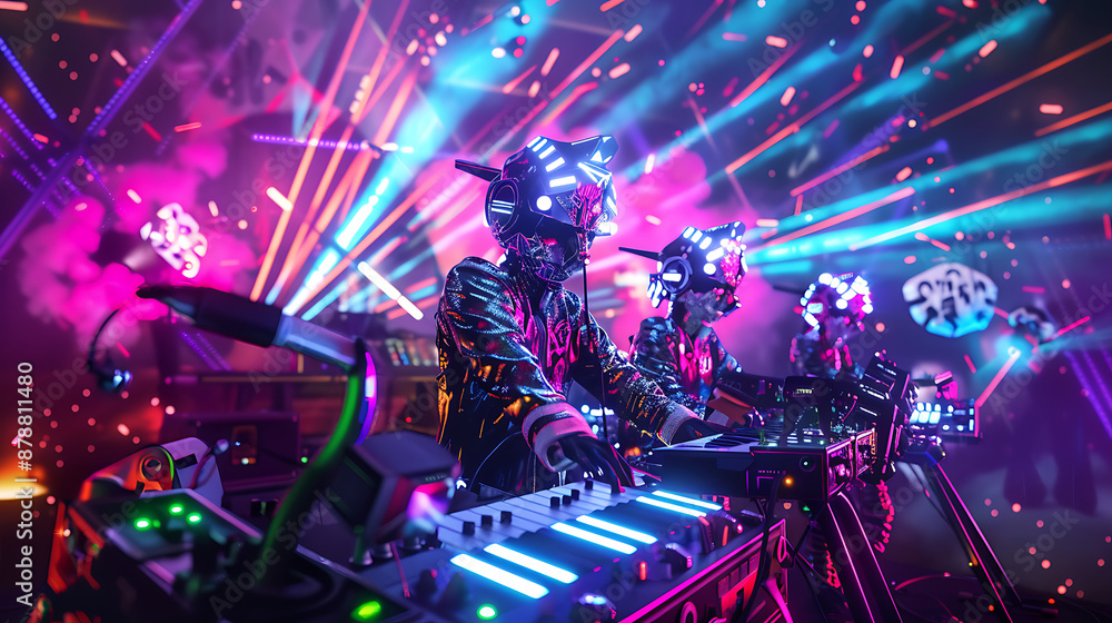Neon lights, futuristic robots, and a vibrant pink, blue, and black color scheme create an electrifying atmosphere for a futuristic music festival.
Neon lights, futuristic robots, and a vibrant pink, blue, and black color scheme create an electrifying atmosphere for a futuristic music festival.