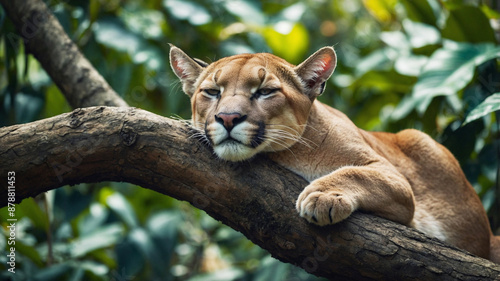  Cougar peacefully sleeping on a tree branch in the jungle