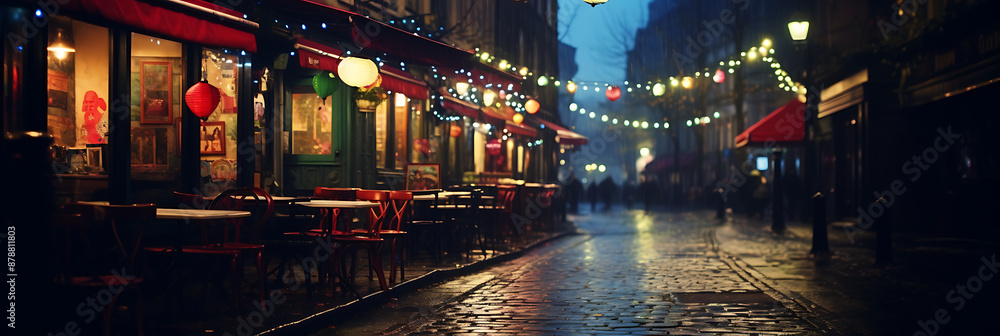 Fototapeta premium Rainy night, red and yellow lights, cobblestone street, cozy cafe, romantic mood.
