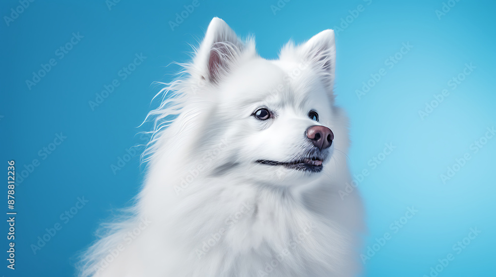A fluffy white dog with blue eyes on a blue background, conveying innocence, purity, and joy.
A fluffy white dog with blue eyes on a blue background, conveying innocence, purity, and joy.