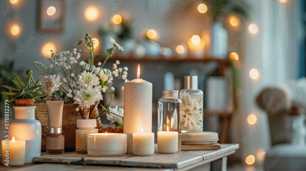 Arrangement of candles and beauty items Arrangement of candles and beauty items