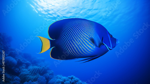 A vibrant blue fish with yellow accents swims gracefully through a coral reef, evoking a sense of tranquility and wonder in the underwater world. 
