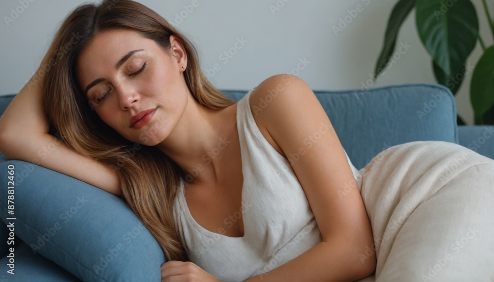 beautiful woman relaxing on sofa relax time rest time resting long hair yoga lifestyle in living room blue tshirt beautiful woman relaxing on sofa relax time rest time resting long hair yoga lifestyle in living room blue tshirt