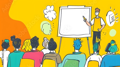 Group of people attentively watching a person presenting in front of flipchart