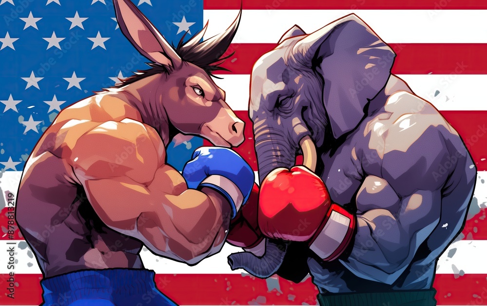 Generative AI of Dynamic and Aggressive Boxing Match between Iconic US Party Mascots concept for Political Campaign Art, Election Season Highlight, and Voter Engagement Illustration