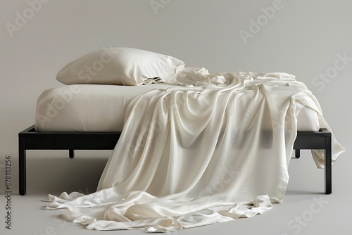 A set of luxury bed linens draped elegantly on a minimalist bed frame