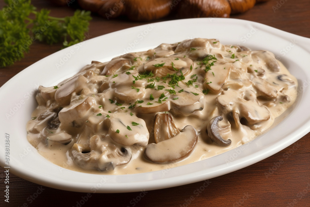 A plate of creamed mushroom generative AI A plate of creamed mushroom generative AI