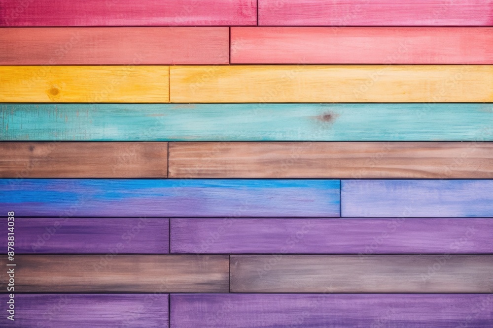 Naklejka premium Colorful rainbow background with modern wooden fence texture.