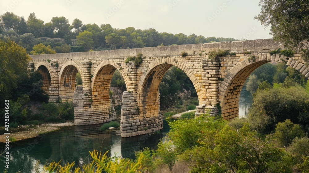 A stone bridge spans a river surrounded by lush green trees, perfect for scenic views or rustic themes A stone bridge spans a river surrounded by lush green trees, perfect for scenic views or rustic themes